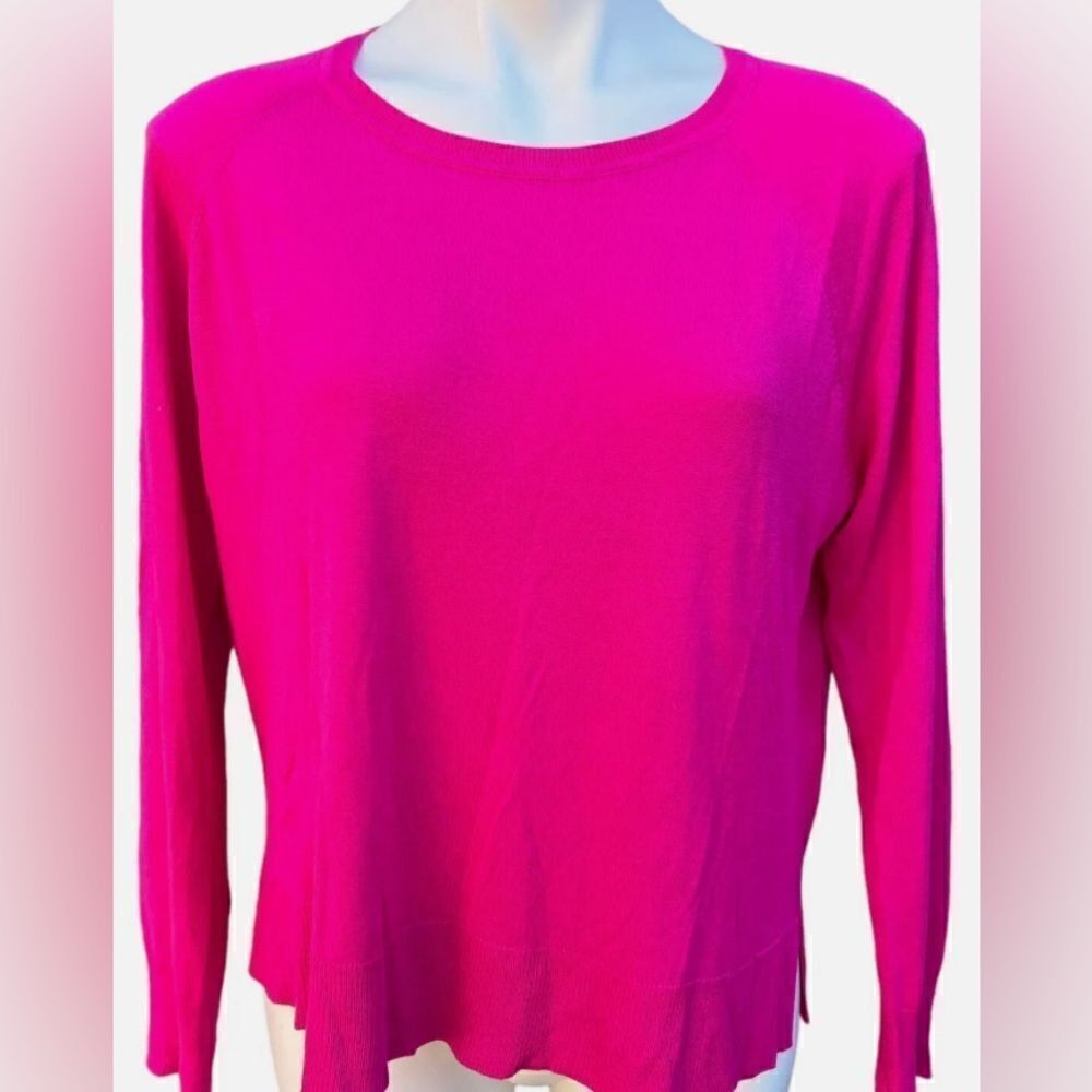 Zara Hot Pink Long Sleeve Sweater Fine Knit Crewneck Side Slit